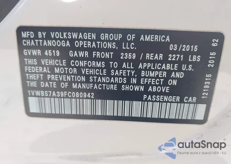 2015 Volkswagen Passat 1.8T Sport z USA, uszkodzony, nr VIN 1VWBS7A39FC080942